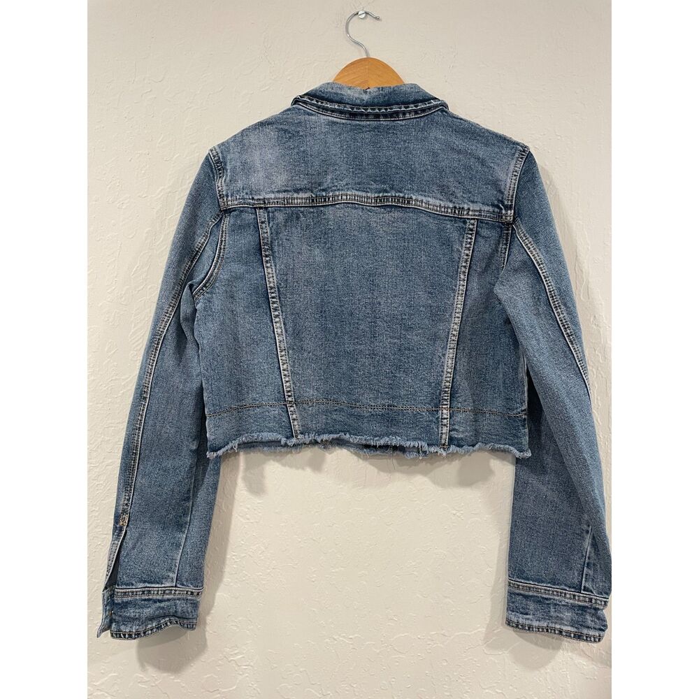 ~ Pilcro Lg Jean Jacket Cropped Denim Anthropologie Blue Raw Edge Stretch Large - Picture 4 of 14